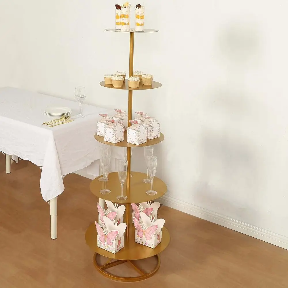 5 Tier Round Gold Metal Champagne Tower Stand Cupcake Holder Dessert Display Floor Stand 45ft Tall Party Decorations