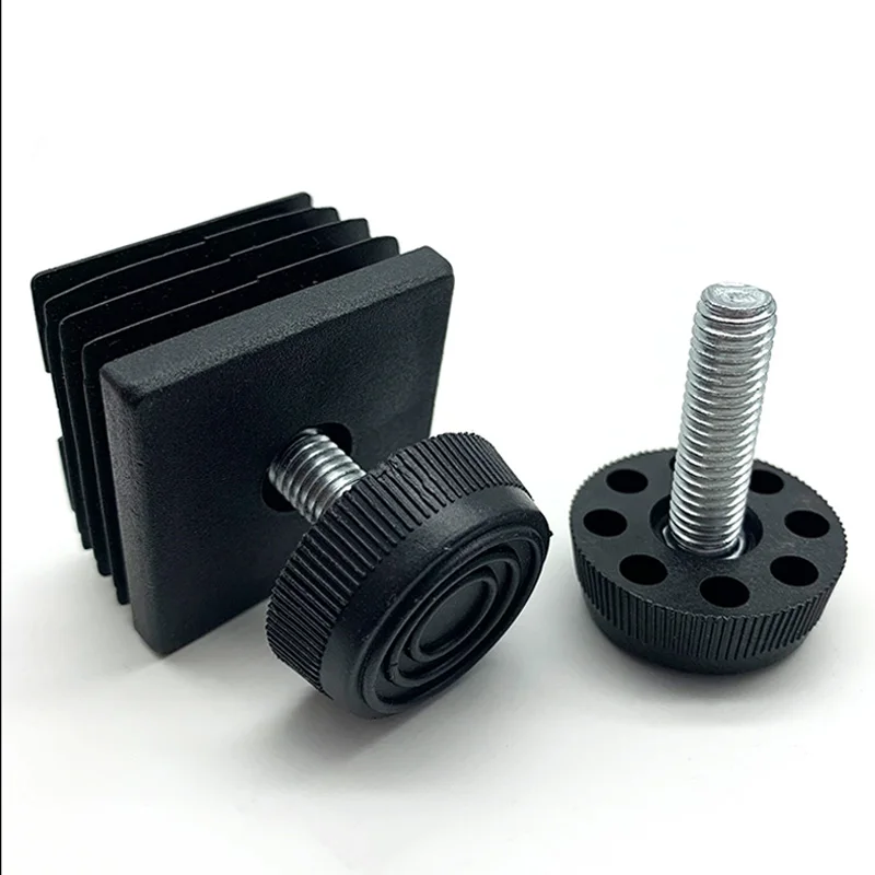 1/4/10pcs M6 M8 Black Square Plastic Pipe Plugs Adjustable Screw Foot Pad Furniture Leg End Caps 10 15 16 19 20 25 30 38 40 50mm