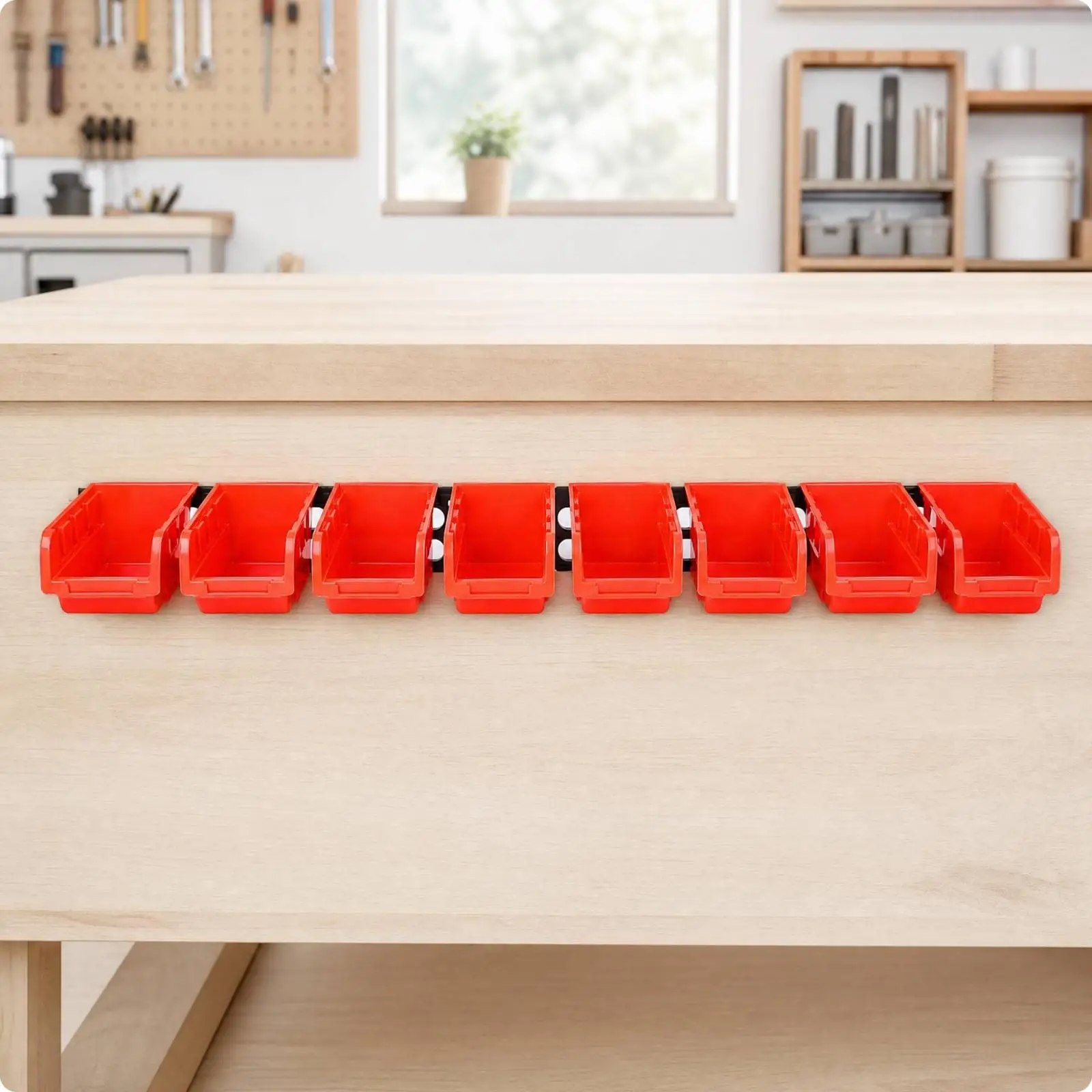 Red Modular Storage Bin for Garage with Wall Mount System and Label Slot Design