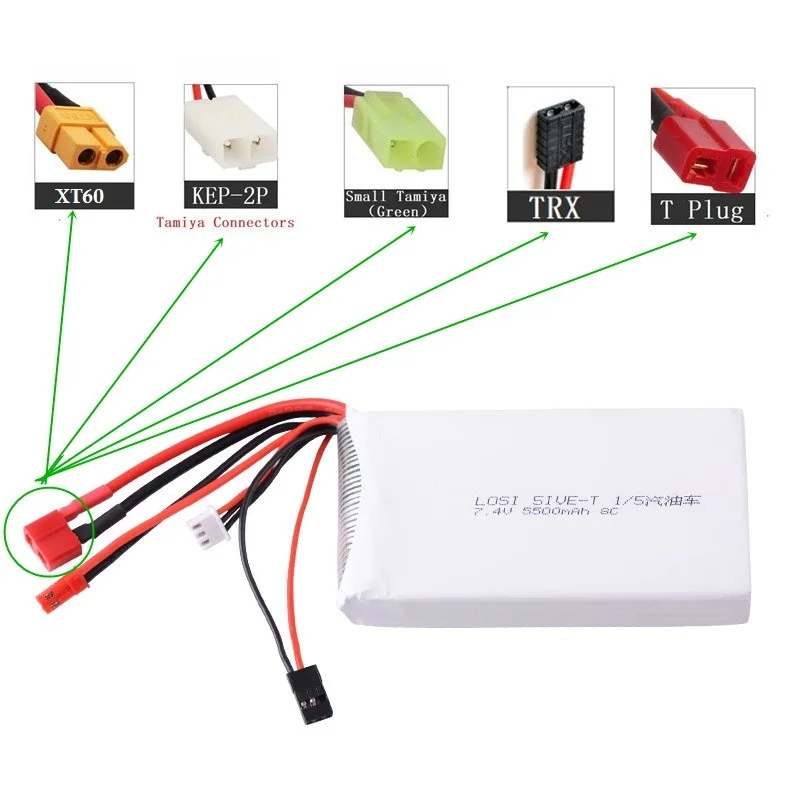 7.4V 5500mAh 8C 2S Lipo Battery For LOSI 5IVE-T 1/5 RC Car Remote Control  Vehicle Truck With T/XT60/Tamiya Futaba JST Connector