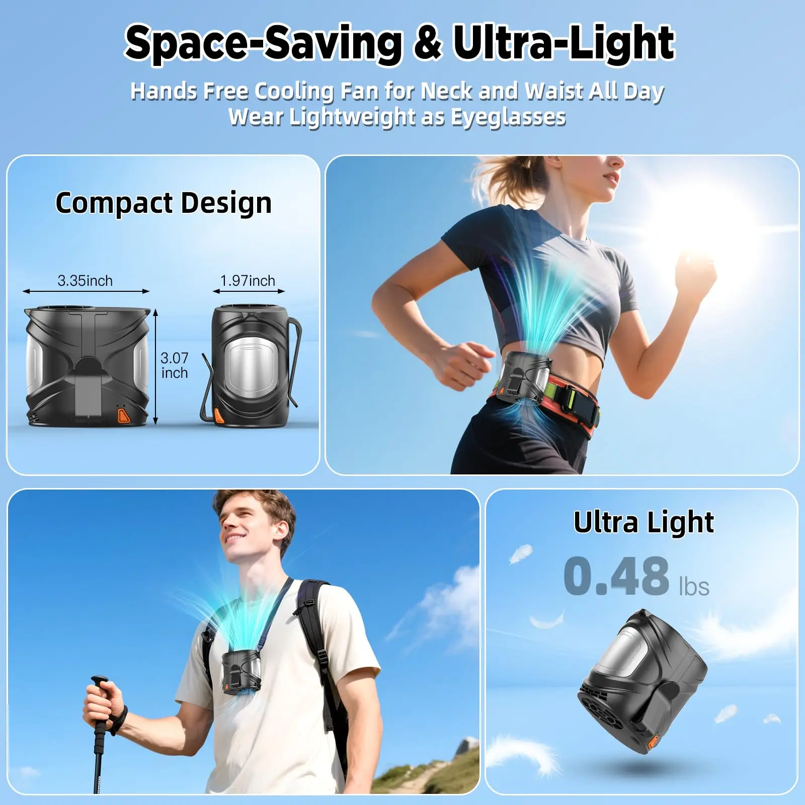 พัดลมพกพาเอว พัดลมคลิปหนีบเอวทรงพลัง พัดลมแบบชาร์จส่วนบุคคลสวมใส่เข็มขัดคูลเลอร์ 6 ความเร็ว แฮนด์ฟรีแขวนไซต์งาน Hiki