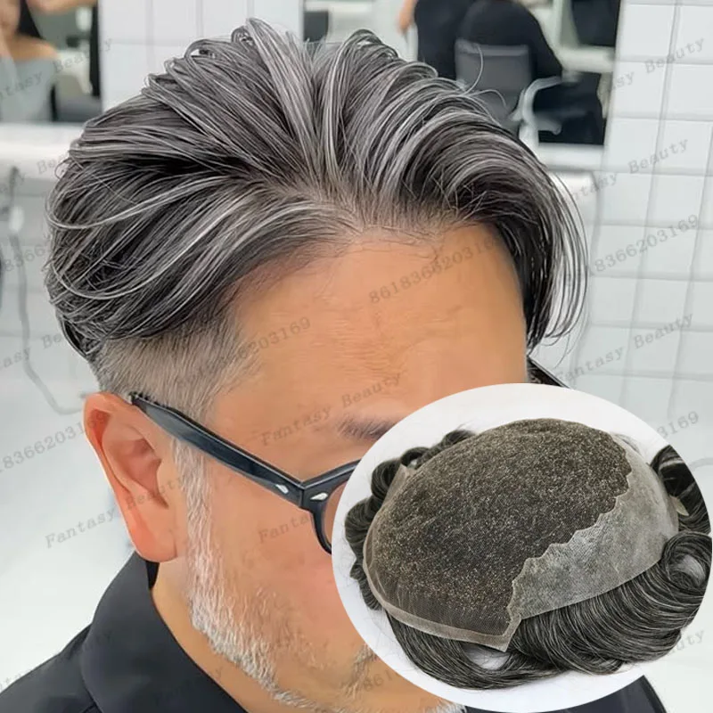 

Realiatic Natural Hairline 1B20 1B50 Серые человеческие волосы Мужской парик Необнаружимые драгоценные узлы Q6 Кружева спереди HD Швейцарские кружевные мужские парики