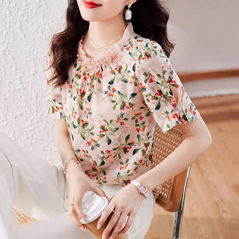 

Шифоновая рубашка, женский костюм, летний новый стиль, цветочный красивый модный топ с короткими рукавами в этом году