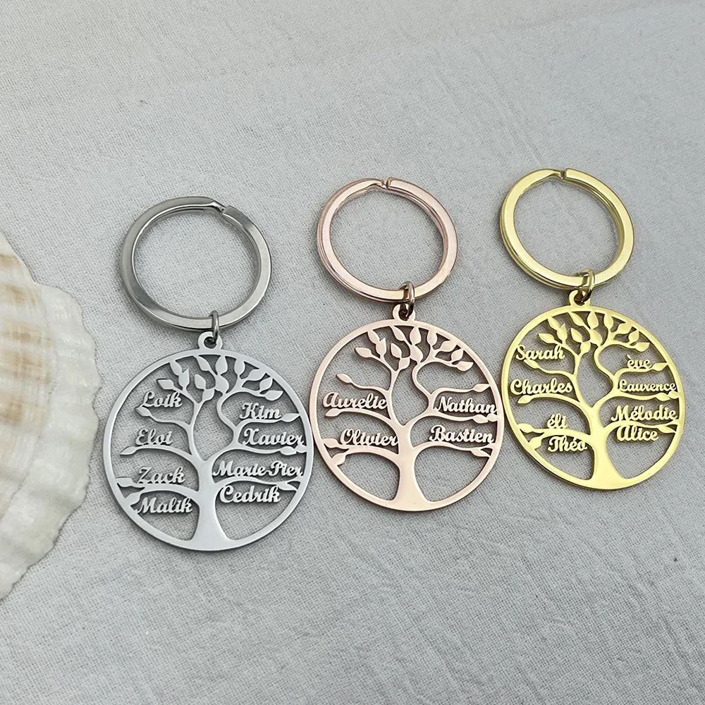 Tree of Life Pendant Keychain with 1-9 Names Stainless Steel Custom Women Jewelry Key Rings Personalized Boyfriend Gifts Llavero