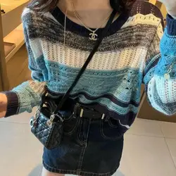 Hollow Out sweter w paski z okrągłym dekoltem kobiety moda jesienna O-neck luźna dzianina Casual na wszystkie mecze Office Lady Trend bluzki z dzianiny