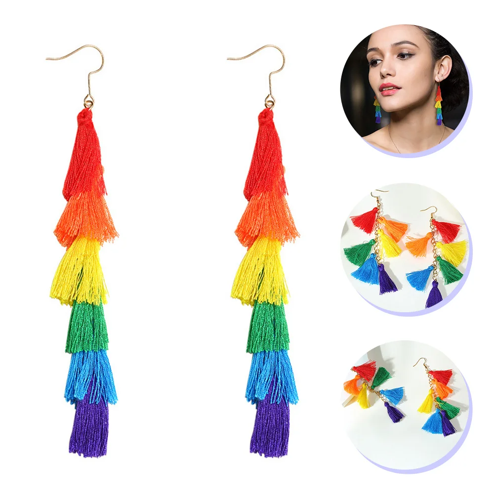 

2 Pairs Rainbow Earrings Dangling Tassel for Women Perforation Colorful Layered Polyester Miss Jewelry Dangly