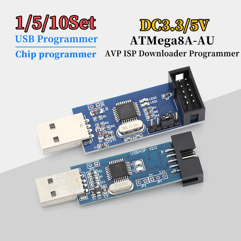 1-10Pcs USBASP USBISP AVR Programmer USB ATMEGA8 ATMEGA128 ATtiny/CAN/PWM 10Pin Wire Module DIY + 10Pin To 6 Pin Adapter Board