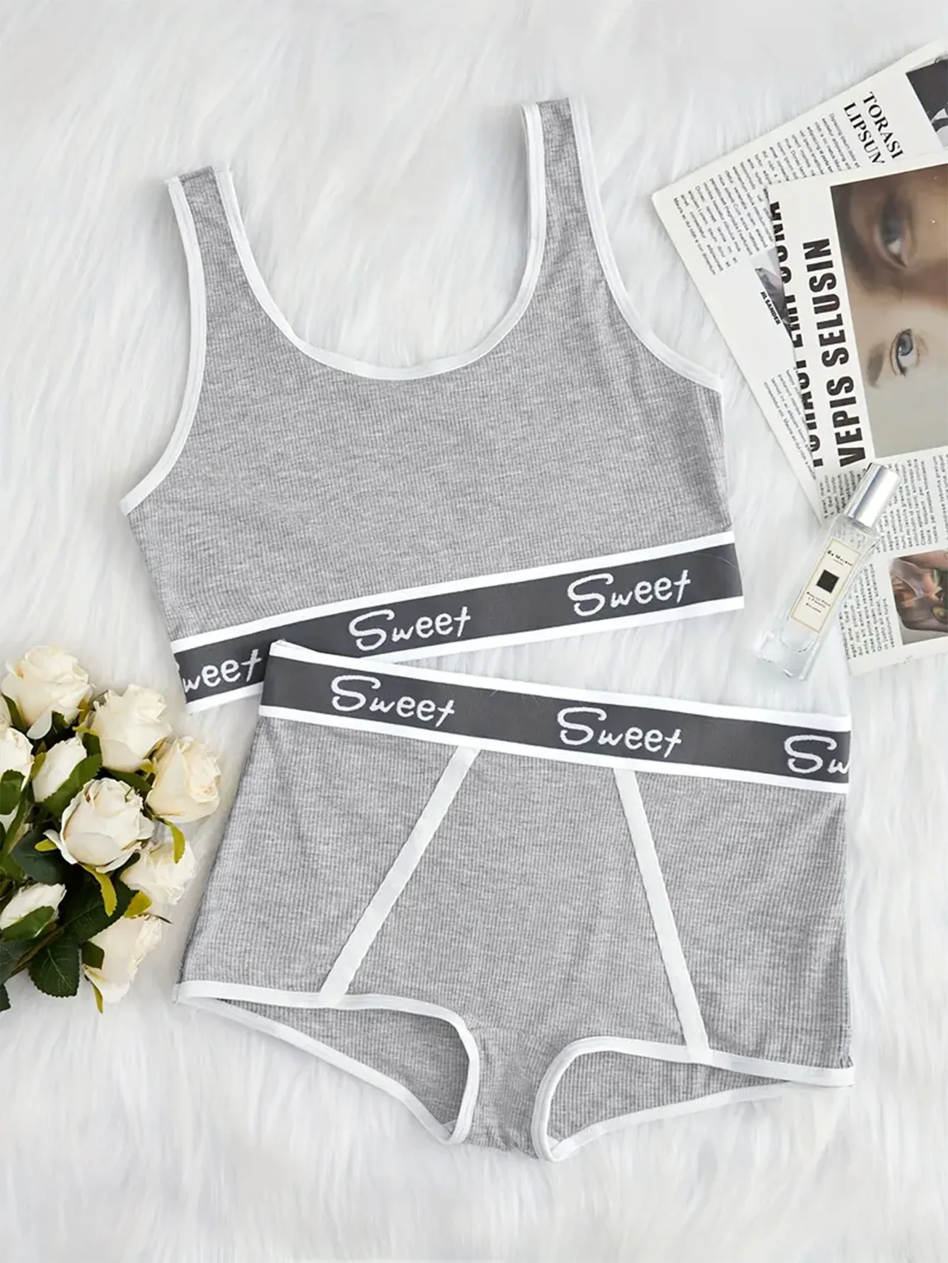 Letter Print Bra Panties Ribbed Wireless Bra Elastic Panties