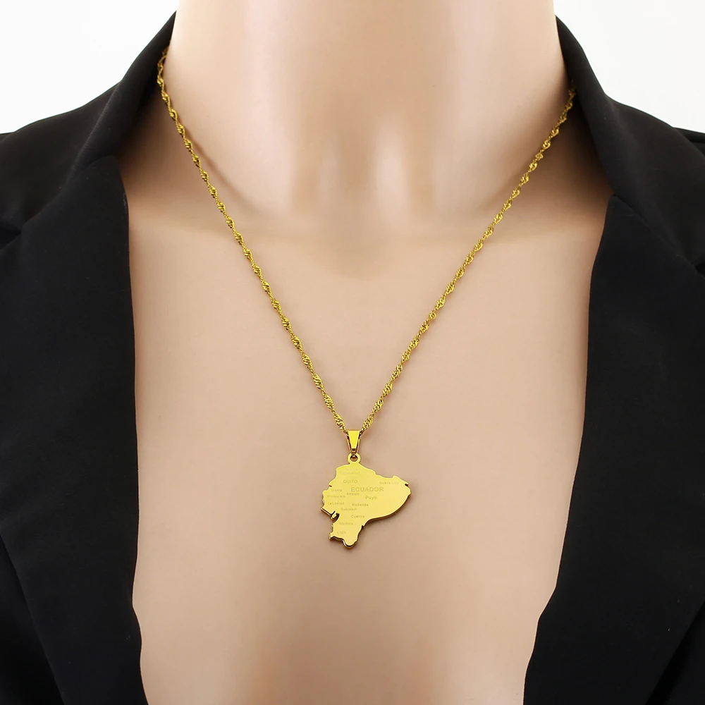 Trendy US EU Hot Sale Stainless Steel Ecuador Map City Pendant Necklace Unisex Couple Ethnic Style Patriotic Jewelry Gift