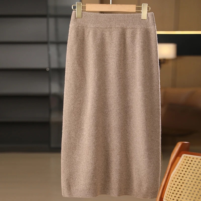 Autumn Winter High Waist Bodycon Vintage Wool Thick Stretchy Skirts Women Skirt 100% Wool Knit Solid Color Straight Skirt Female