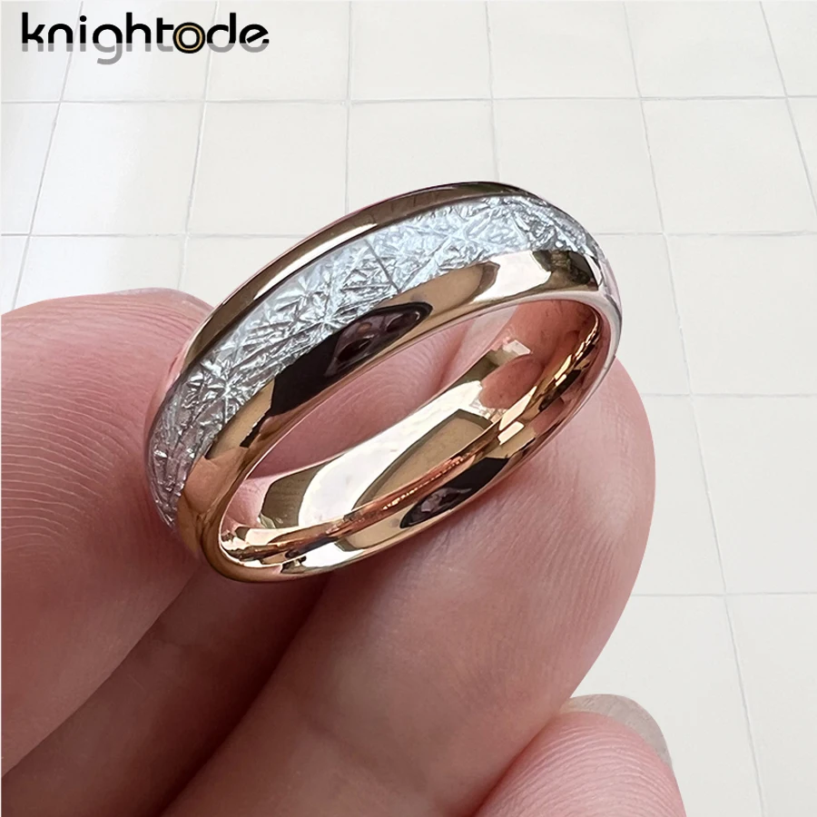 6mm Gold Color/Silvery Tungsten Carbide Rings White Meteorite Inlay Fashion Wedding Band Engagement Jewelry Dome Polished Finish