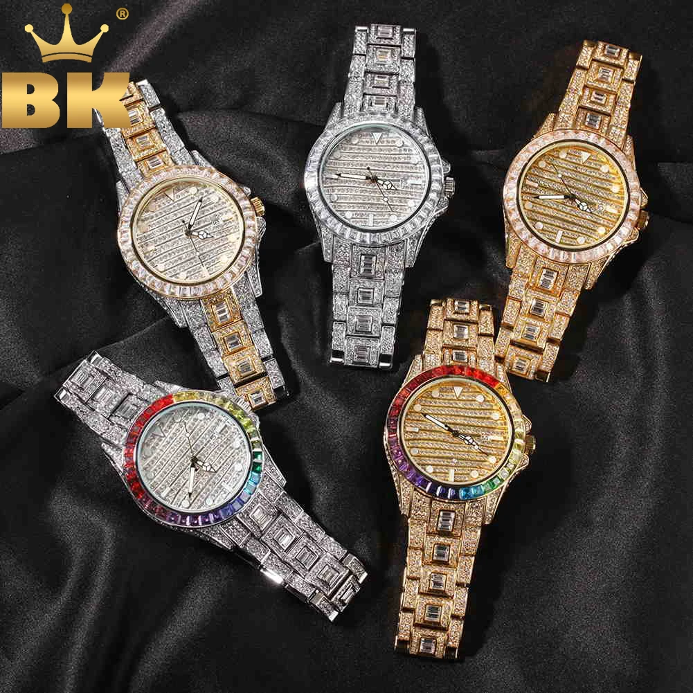 TBTK  Baguettes Watches Rainbow Surround Full Iced Out Big Dial Watches Men Stainless Steel Fashion Luxury Rhinestones Quartz