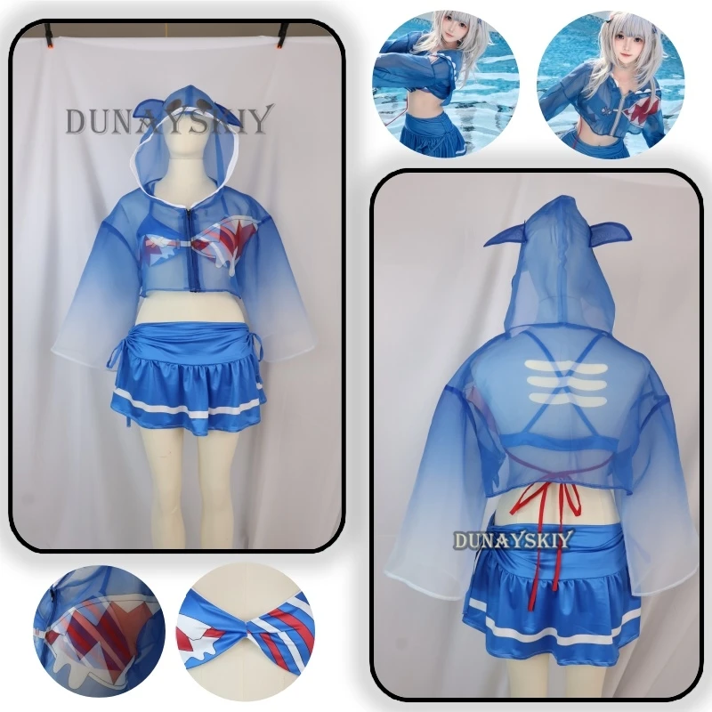 VTuber-Disfraz de Cosplay de GWR Gura para niña y mujer, traje de baño con peluca, traje de baño de Anime para fiesta de Halloween, ropa de baño Doujin para playa