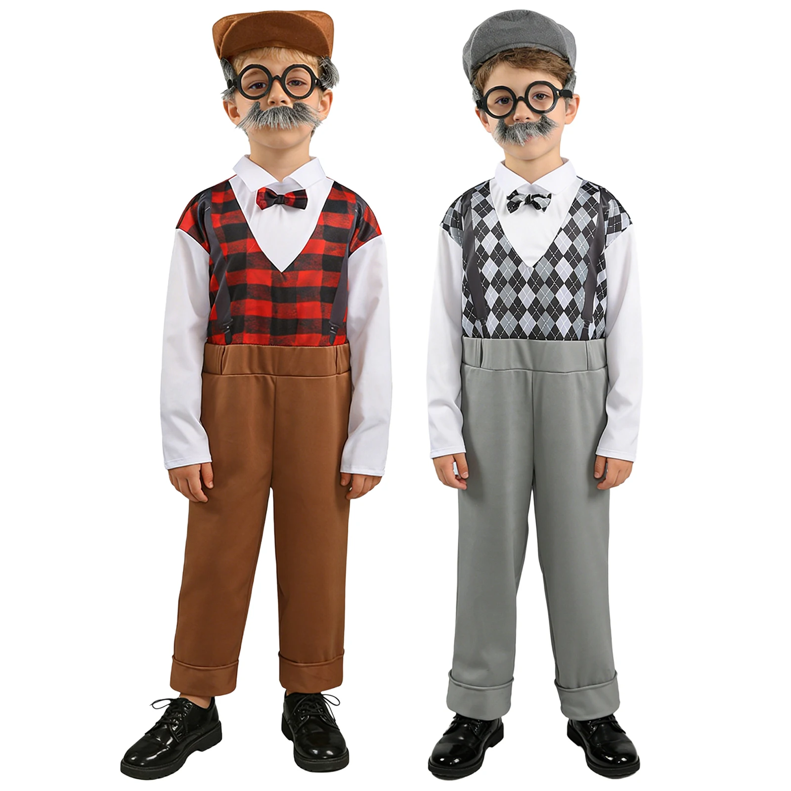 Kids Grandpa Cosplay Set 4 Pieces Old Man Jumpsuit Hat Glasses Fake Beard Dress Up for Halloween 100 Days of School Party