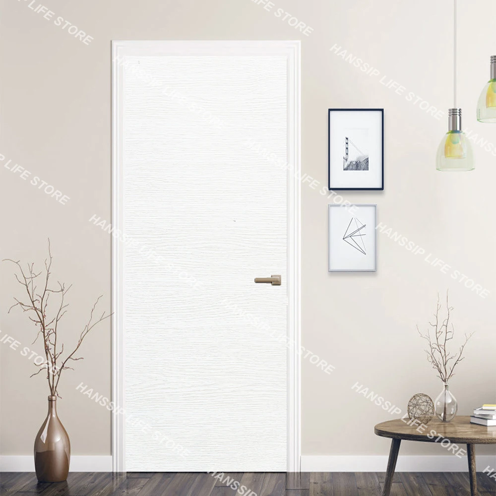 Simple Style Light Gray Wood Grain Background Door Sticker Wallpaper Home Decoration, Off White Color Wooden Door Wrap Cover