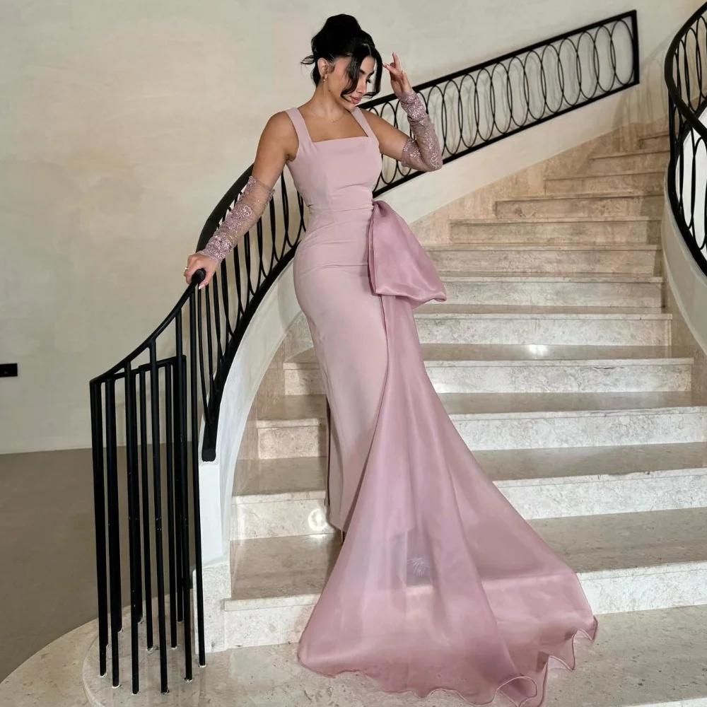 

Customized Fashion Jersey Bow Column Square Neck Long Dresses Bespoke Occasion Dresses Exquisite Elegant