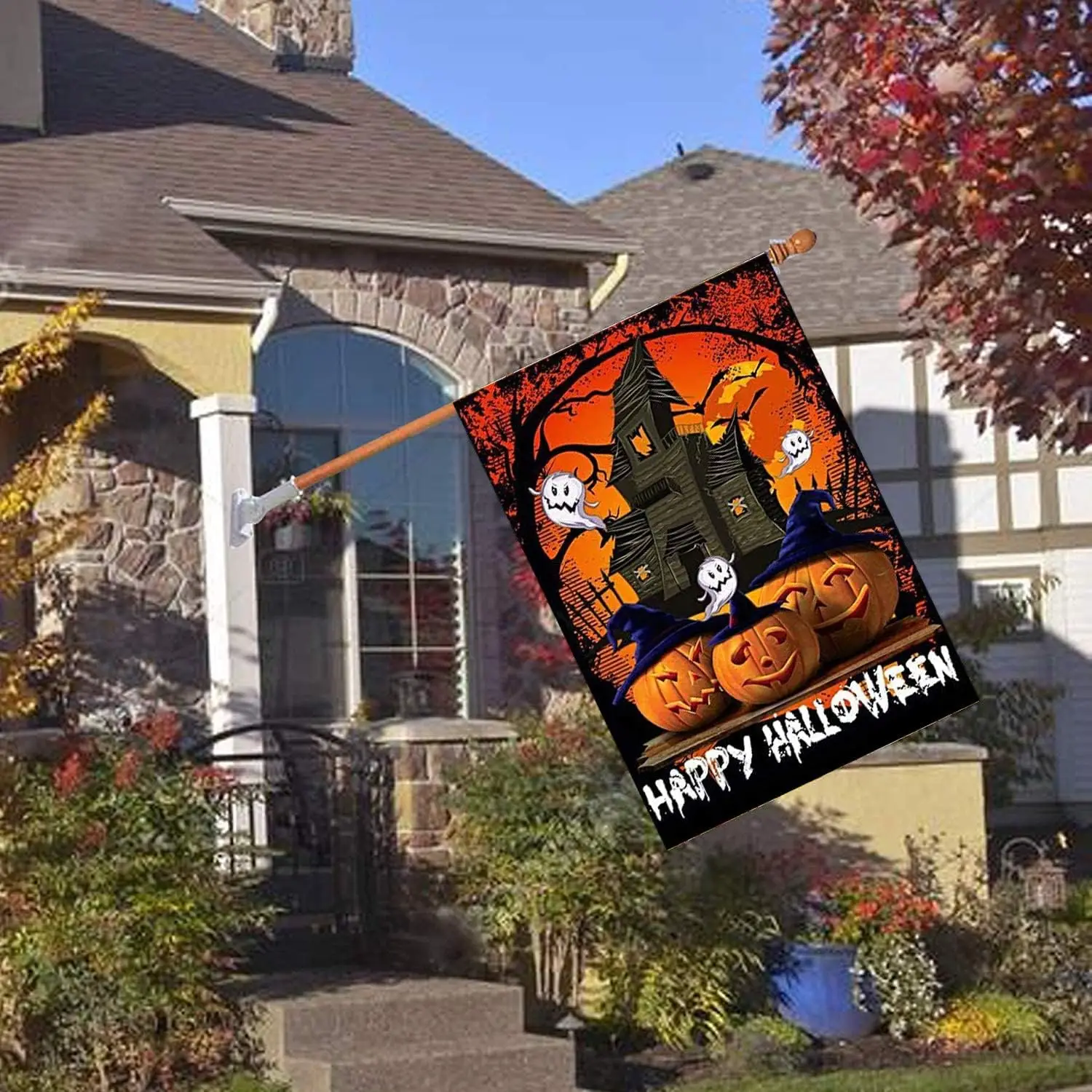 Happy Halloween House Flag 28 x 40 Inch Pumpkin Ghosts Decorative Double Sided Flag for Farmhouse Yard Holiday Outdoor Decor kkz