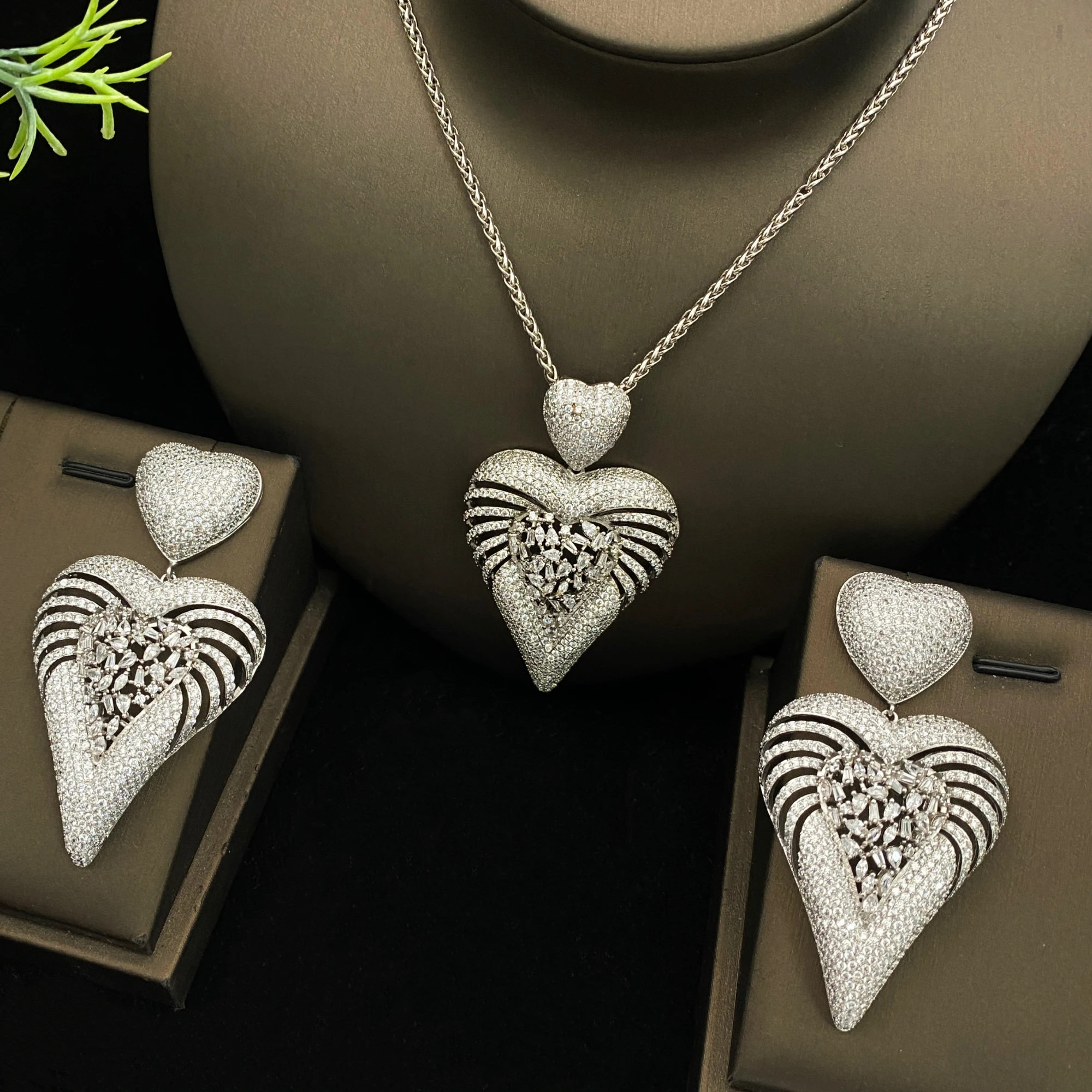 

JRH Valentine Heart Set 2PCS Plated Cutout Necklace & Earrings, Sparkling Zirconia Love Pendant Women Gift Box