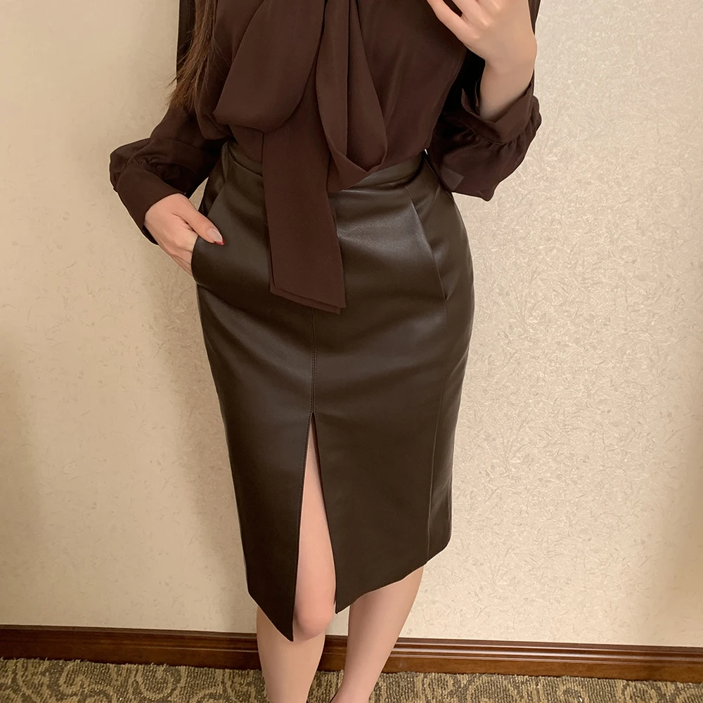 

Stylish Pu Leather Skirts Women Korean Fashion High Waist Split Elegant Skirts Vintage Midi Skirts Jupe Femme
