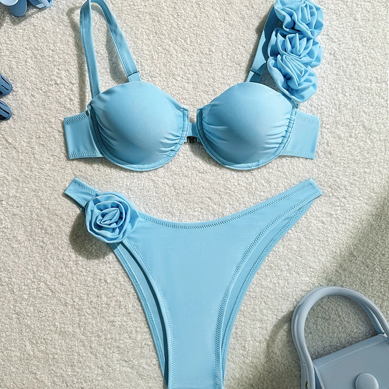 أنيق المرأة مثير بلون الأزهار Underwire رفع مجموعة البكيني قطعتين أزياء Ins ملابس بحر لقضاء عطلة الصيف