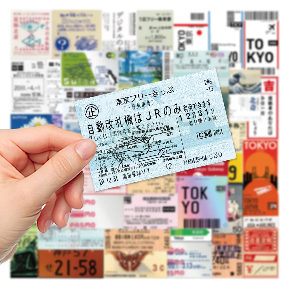 60PCS Japanese Postcard Ticket Stamp Stickers Vintage Aesthetic Stationery Travel Diary Luggage Waterproof Helmet Sticker Toy