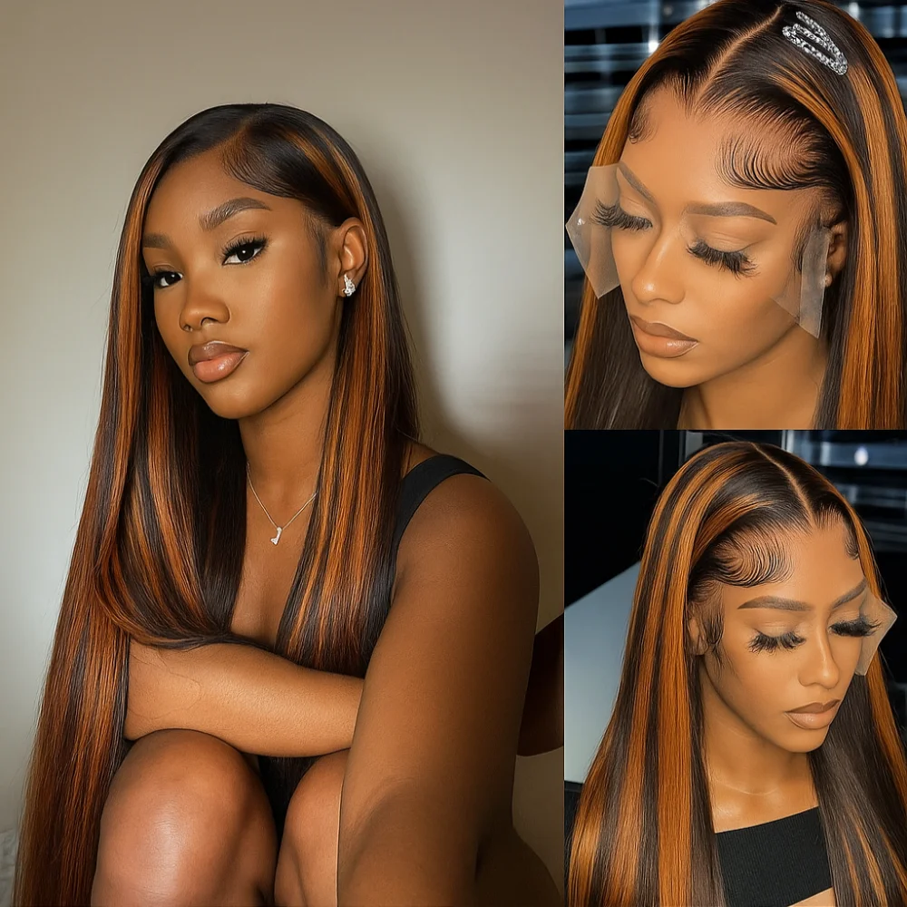 Rambut Manusia Highlight Brown 200 Density 5x5 HD Lace Glueless Wig Warna Ginger Lurus Pre Plucked Untuk Wanita