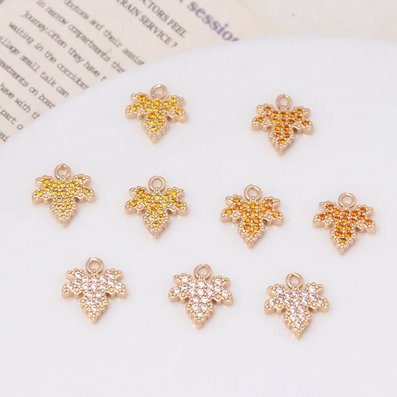 6pcs Copper Plated Gold Micro-inset Zircon Maple Leaf Pendant Diy Jewelry Earrings Necklace Accessories Materials Charms