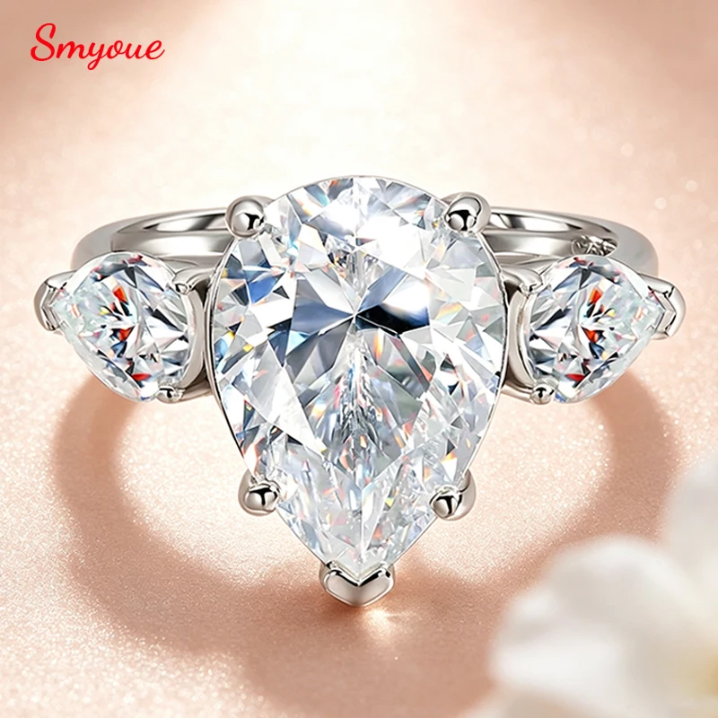Smyoue 2.6/7.6cttw Pear Cut All Certified Moissanite Ring for Women 3 Stones Wedding Luxury Quality S925 Sterling Silver Jewelry
