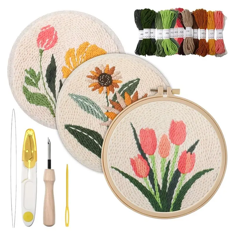 

For Adults Beginners Punch Needle Embroidery Kits 3 Pack, DIY Easy Flower Embroidery Set Punch Needle Kit Included