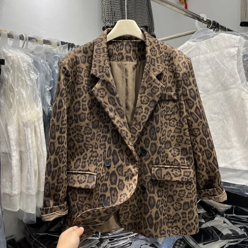 Damski Wiosenno-Jesienny Komplet: Top, Płaszcz, Garnitur, Leopard, Dwurzędowy, Średniej Długości, Vintage, Prosty, Wygodny, Casualowy, Niszowy, Uniwersalny, Wyszczuplający