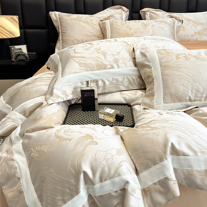 800TC Lyocell Cotton Satin Jacquard Patchwork Soft Silky Luxury Bedding Set Duvet Cover Bed Sheet/Fitted Sheet Pillowcases 4Pcs