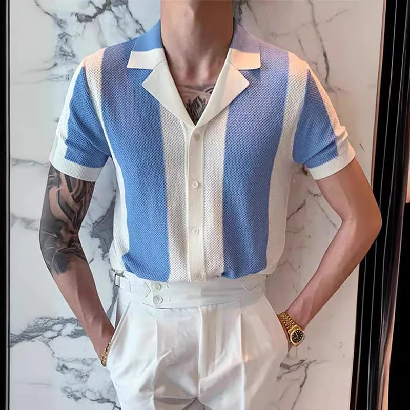 

2024 Summer Mens Casual Shirts Knitting Short-sleeve Buttoned Lapel Slim Knit Shirt For Men Vintage Striped Contrast Color Shirt