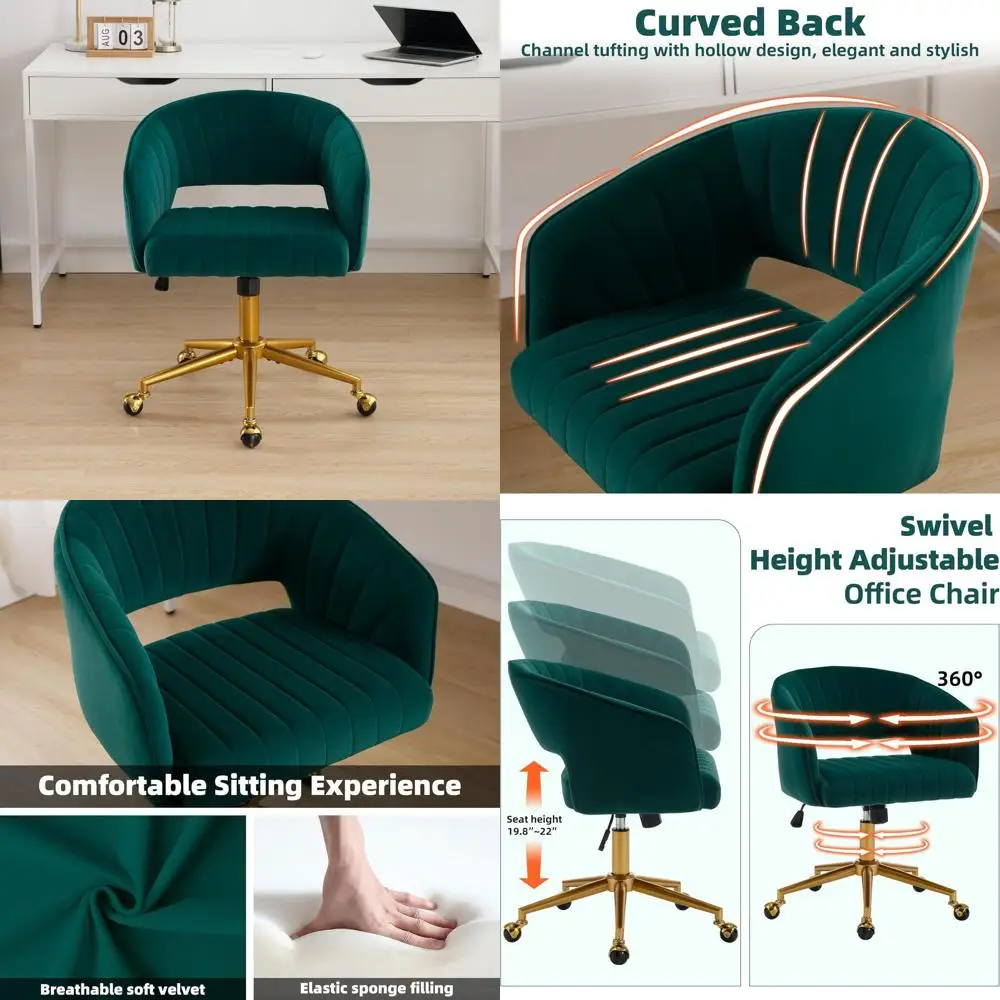 

Ergonomic Velvet Swivel Chair, Adjustable Height, Metal Base, Green for Home Office and Study