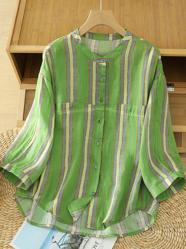 

High-End Japanese Flax Shirt Summer Large Size round Neck Short Sleeve Printed Slimming Versatile Casual Small Shirt