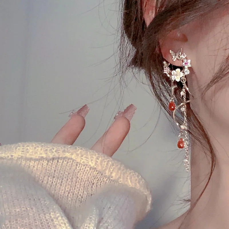 Personality Flower Butterfly Long Tassel Earrings for Women Fashion Cute Summer Daily Accessories Party Jewelry Birthday Gift