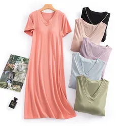 Yaz Modal kısa kollu kadın uyku kadınlar için uzun elbise gevşek ev giyim Nightgowns V yaka gecelikler Nightshirt M-3XL