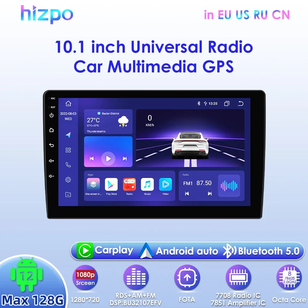 Hizpo 10.1inch Universal Android Car Radio Automotive Multimedia Navigation GPS CarPlay RDS DSP 4G BT Quad Otca Core Headunit