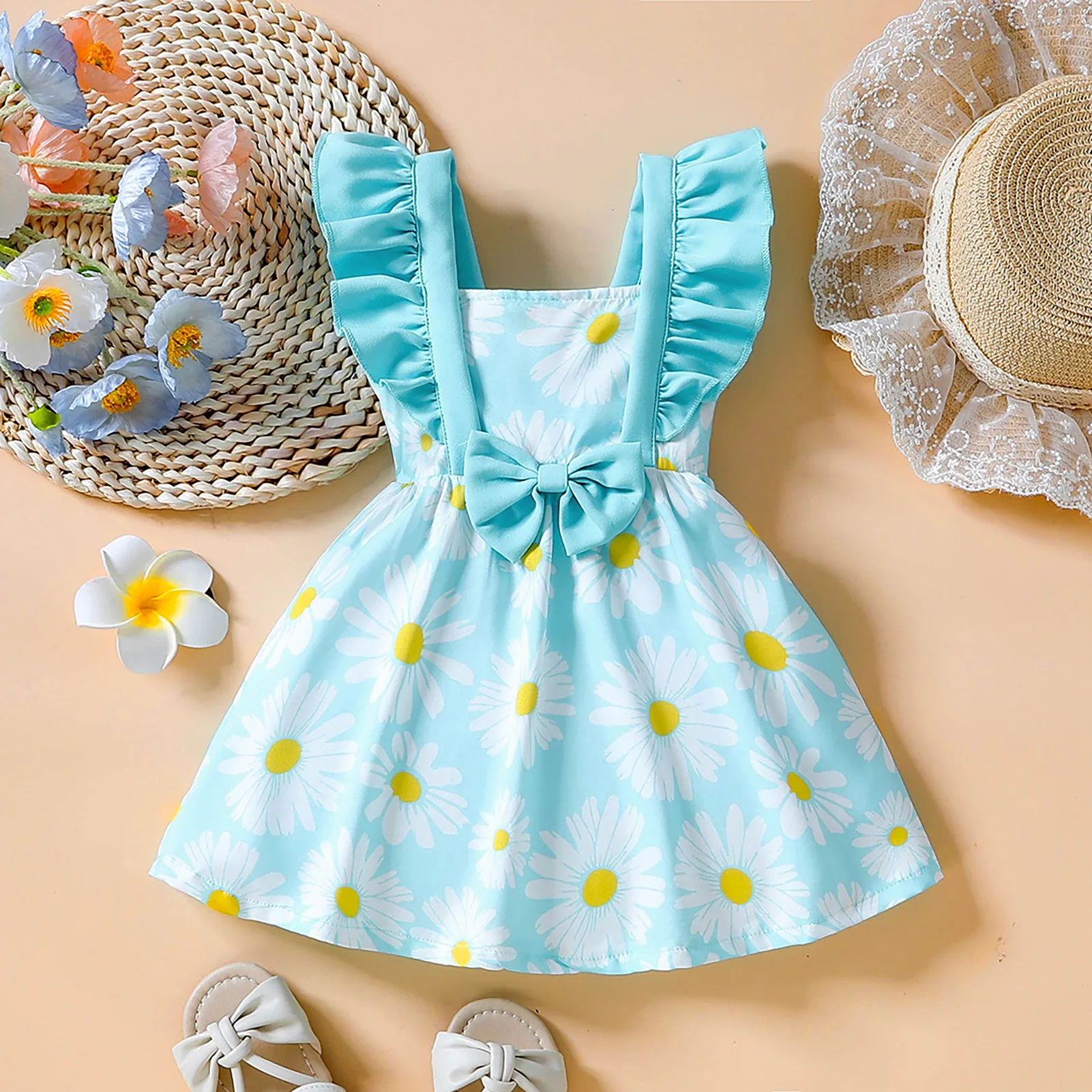 

Summer 2023 New Arrivals Girls Sleeveless Ruffles Bow Print Daisy Blue Infantil Menina Cute Party Dress Custume 0-2T