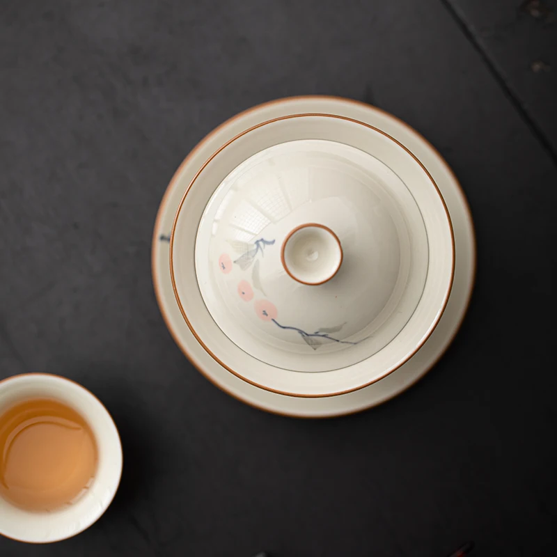 Porcelain Hand-painted  Gaiwan Cover Bowl Grass and Wood grayCeramic Tea Making Bowl Chinese Style Simple Tea Cup