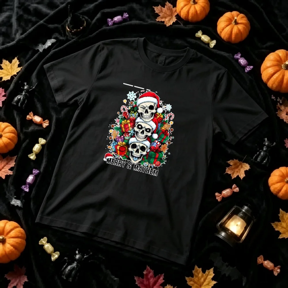 Merry & Mayhem Christmas Skull Graphic T‑Shirt Three Stacked Skulls with Santa Hat Xmas Gift Box Snowflake Print Casual Tops Tee