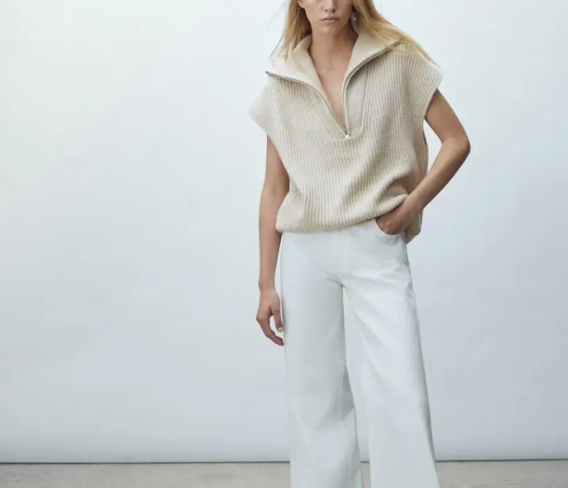 Dzianinowa wełniana kamizelka swetrowa z zamkiem błyskawicznym, dekorowana, codzienna, z wysokim kołnierzem, o regularnym kroju, jednoczęściowa, nowość na jesień i zimę.