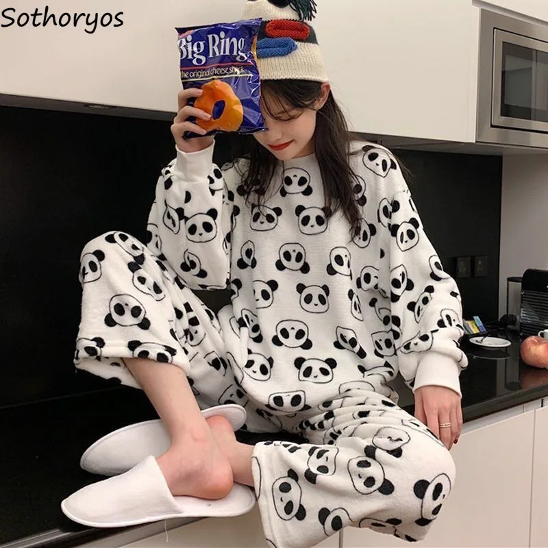 

Women Pajama Sets Fashion Cartoon Print Fleece Sweet Comfortable Thicker Coral Sleep Wear Warm Lovely Soft Homewear Plus Velvet