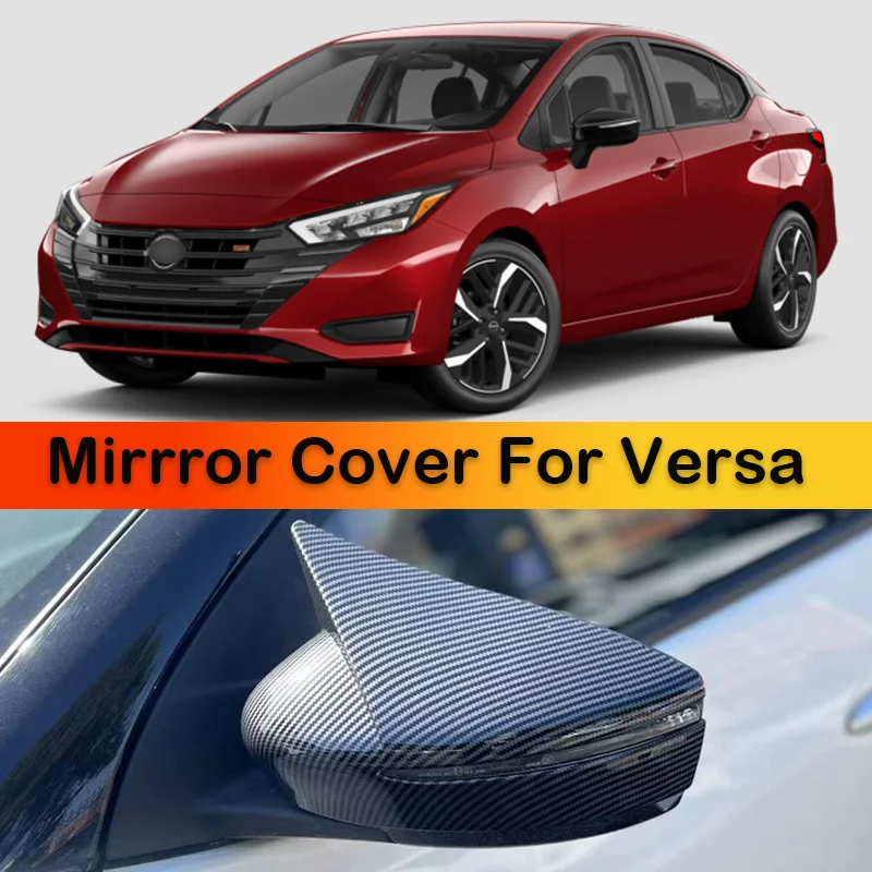 Rearview Side Mirror Cover Wing Cap Sticker Exterior Door Rear View Case Trim Carbon Fiber Look Black For Nissan Versa 2020-2024