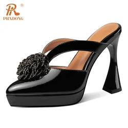 PRXDONG New Summer Genuine Leather Sexy High Heels Open Toe Black WHite Flower Dress Party Female Slippers Sandals Size 34-40