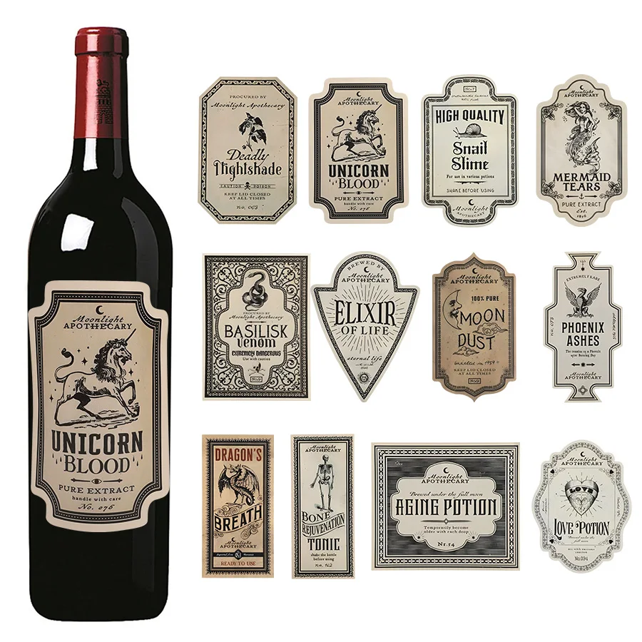 12pcs Halloween Retro Witch Graffiti Potion Stickers Wine Bottle Drink Labels Sticker Happy Halloween Party Horror Decoration