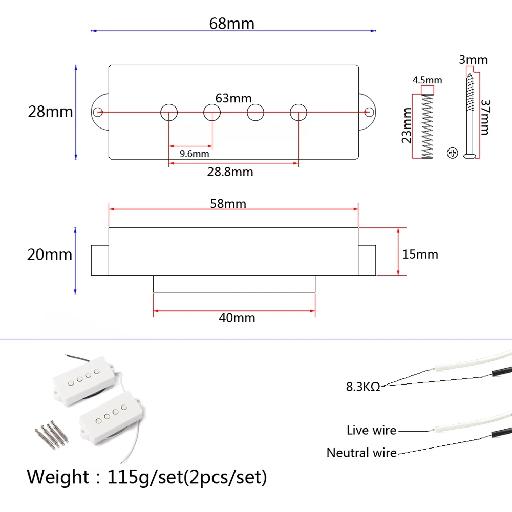 (AD12) 1Pair 4 String Noiseless Pickup White for Precision P-Bass Guitar Replacement Parts