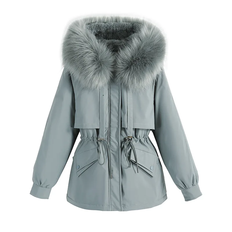 2024 Winter New Women\'s Medium to Long Hairy Collar with Velvet Cotton Coat Thick Coat