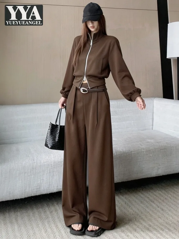 Autumn Women Tracksuit Turn Down Collar Zipper Slim Fit Streetwear Casual Short Jacket High Waist Wide Leg Pants Two Piece Set