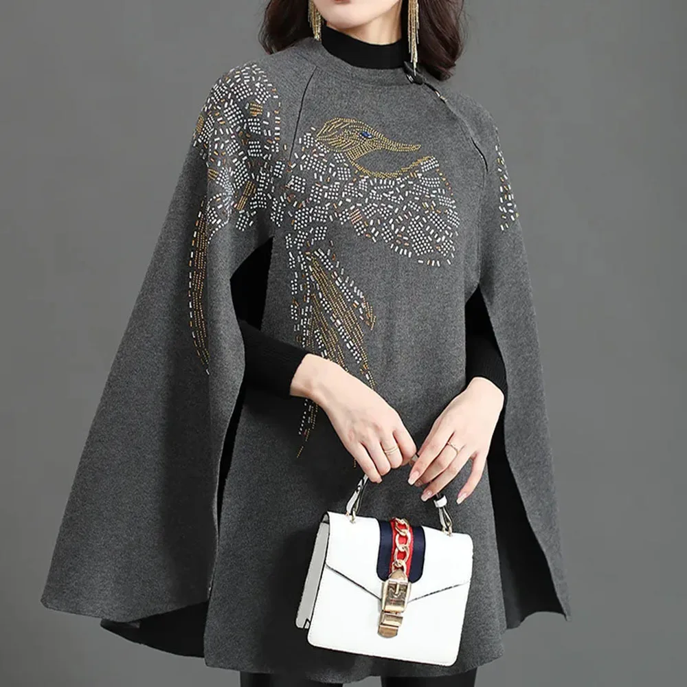 Women Shawl Batwing Sleeve Poncho Sweater Winter Knitted Cashmere Cloak Eagle Pattern Handmade Bead Sequin Embroidered Cape Coat