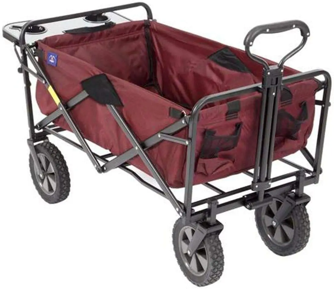 Collapsible Outdoor Utility Wagon with Folding Table and Drink Holders, Maroon (WTC-167)